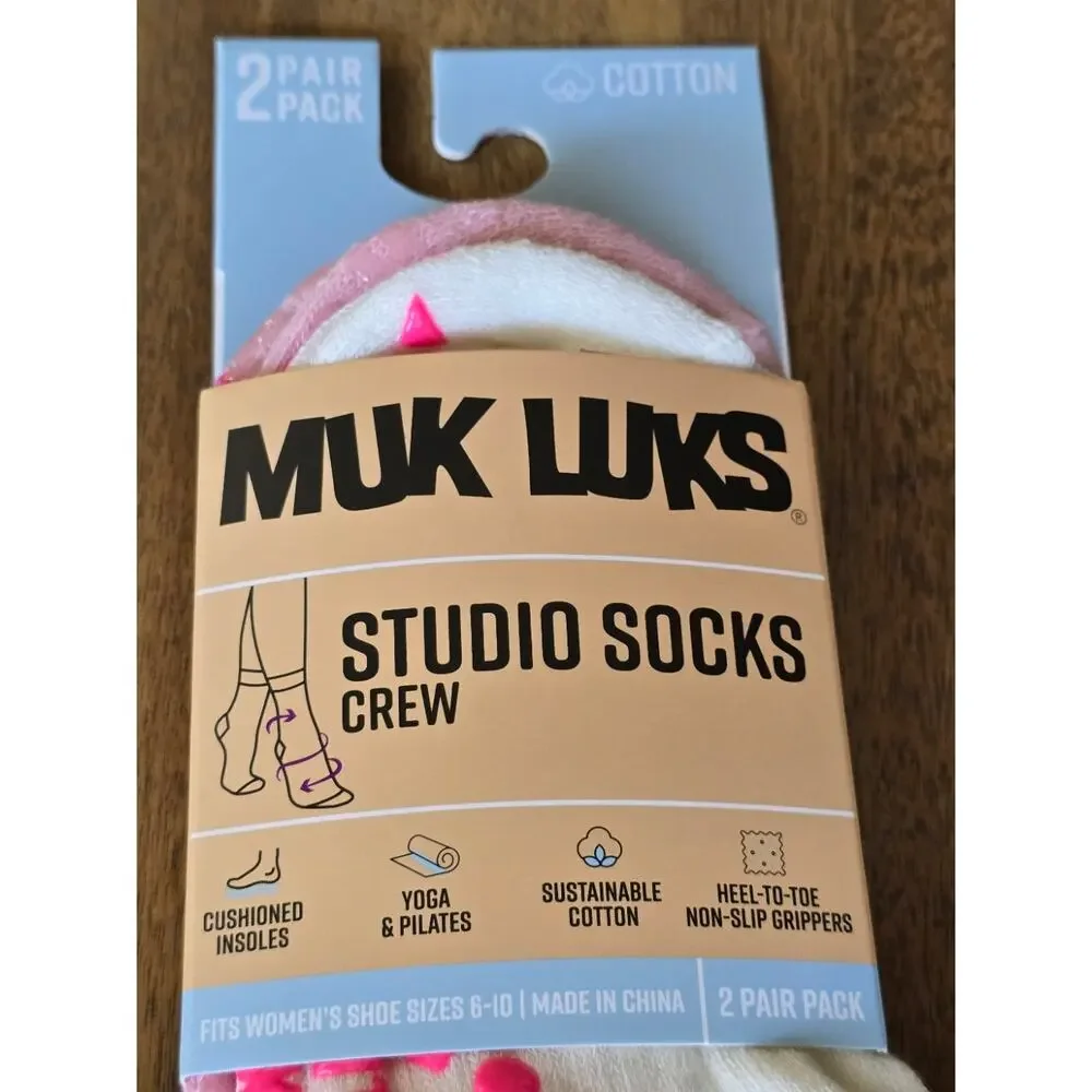 MUK LUKS Women's Pilates Cotton Crew Socks, 2-Pack, Shoe Sizes 6-10 Grip, Yoga